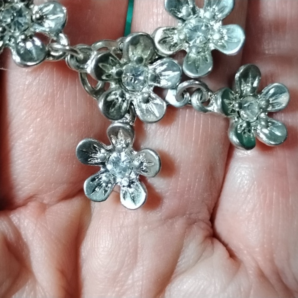 Vintage Silver Floral Dangle Earrings With Crystal Centers - Picture 8 of 9